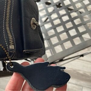 Roots navy leather crossbody bag—multi pockets, sturdy zippers, roomy.